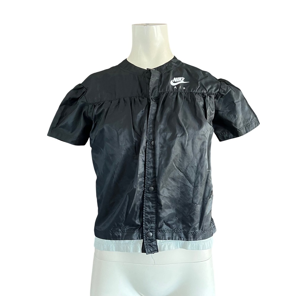 Nike Air Womens Black Ripstop Puff Sleeve Snap Front Top Medium Sporty Top